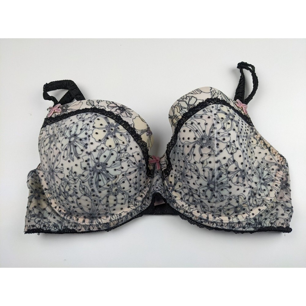 Victoria's Secret Bra Dream Angels Demi 36DD Cream Black Floral Polka Dot Lace